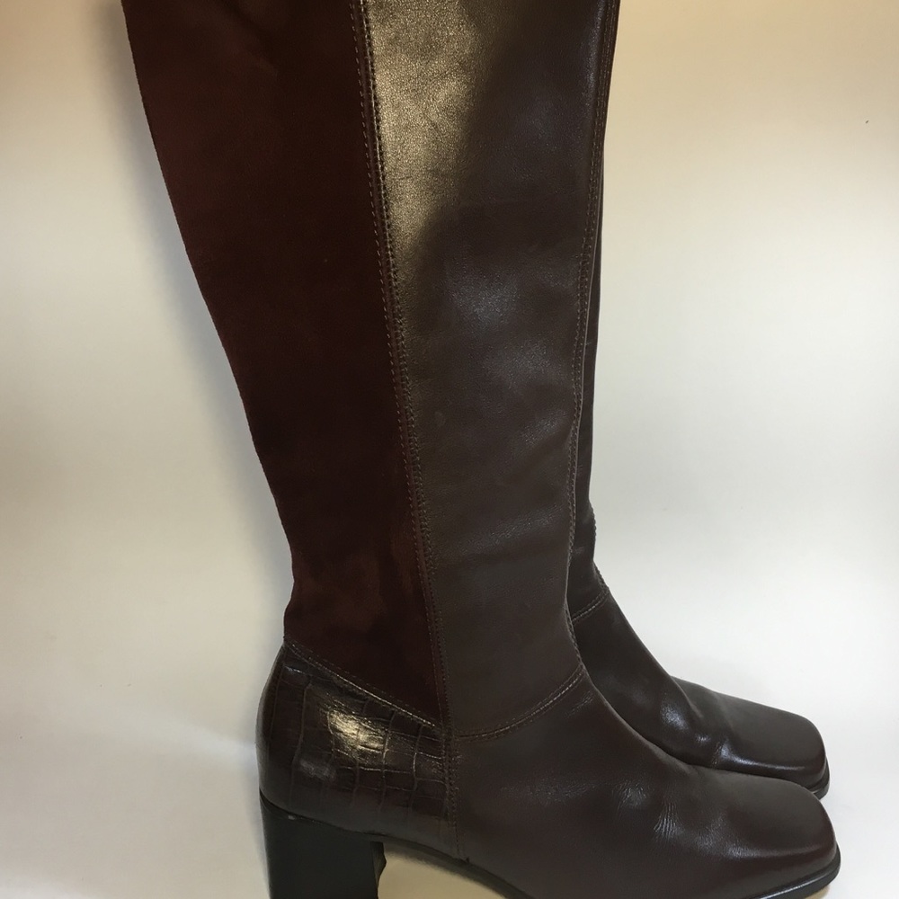 Women's brown leather heeled boots knee 8